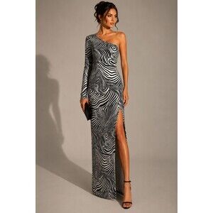 Vintage Y2K Niki Livas One Shoulder Maxi Dress Side Slit Graphic Abstract USA 4
